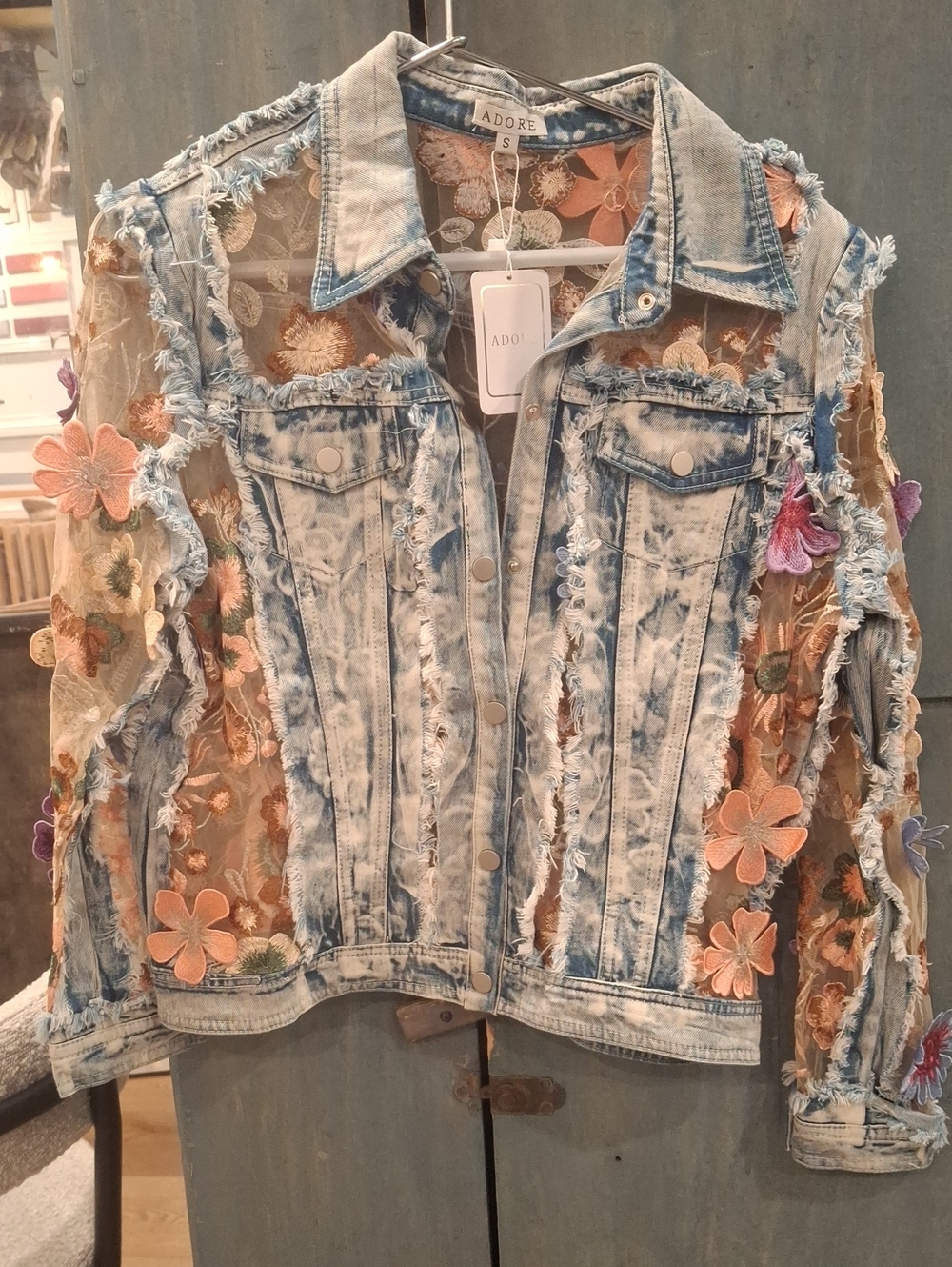 Adore Light Wash Denim Jacket with Floral Embroidered Mesh
